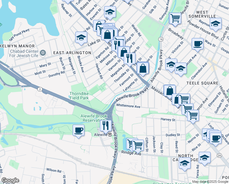 map of restaurants, bars, coffee shops, grocery stores, and more near 58 Fairmont Street in Arlington