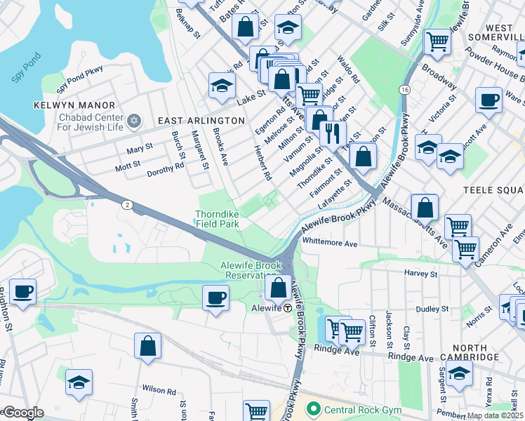map of restaurants, bars, coffee shops, grocery stores, and more near 111 Magnolia Street in Arlington