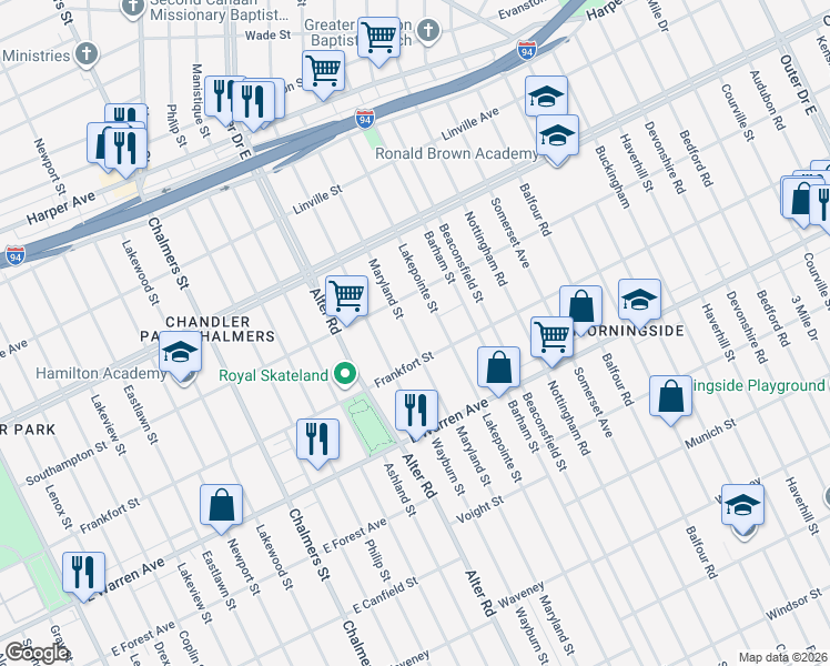 map of restaurants, bars, coffee shops, grocery stores, and more near 5281 Maryland Street in Detroit