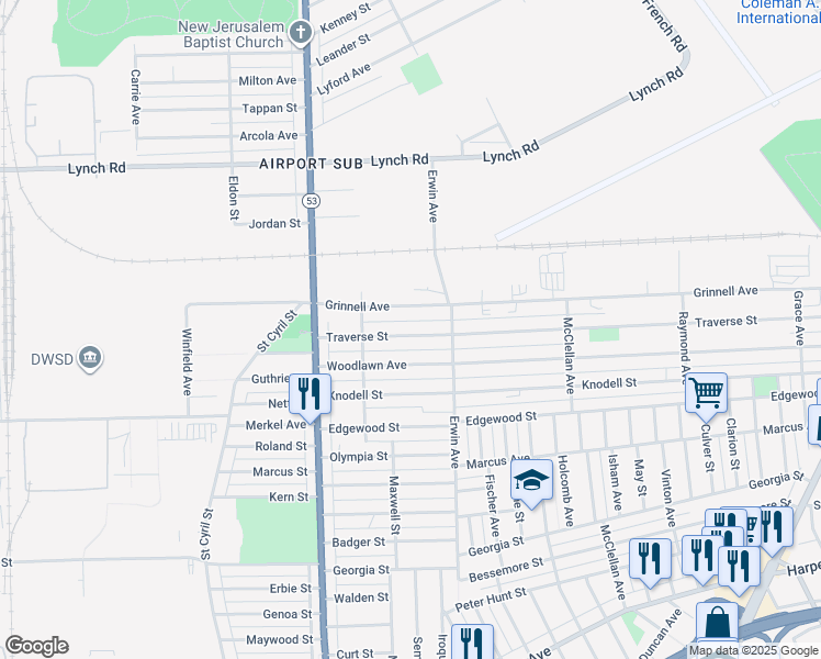 map of restaurants, bars, coffee shops, grocery stores, and more near 8210 Grinnell Avenue in Detroit