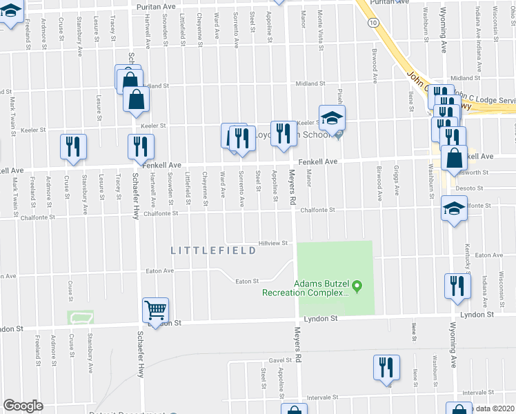 map of restaurants, bars, coffee shops, grocery stores, and more near 22981 Farmington Road in Farmington