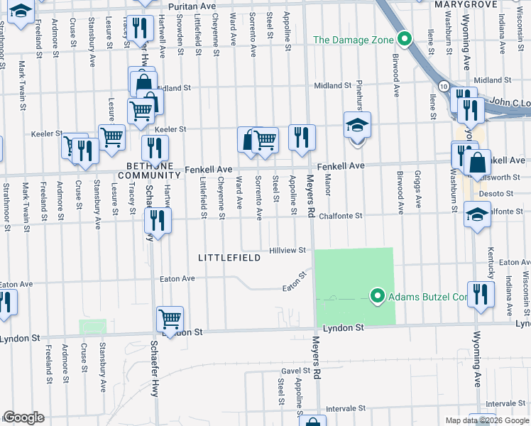 map of restaurants, bars, coffee shops, grocery stores, and more near 15024 Sorrento Avenue in Detroit
