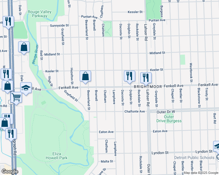 map of restaurants, bars, coffee shops, grocery stores, and more near 22420 Fenkell Avenue in Detroit