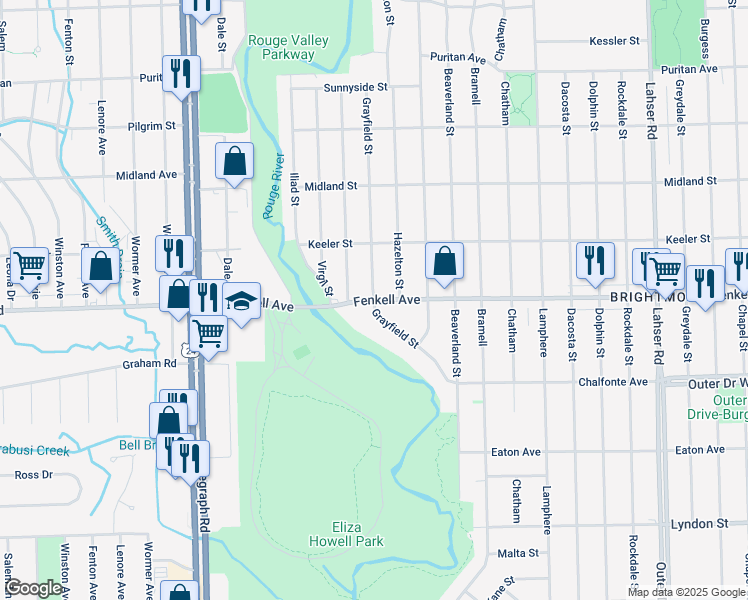 map of restaurants, bars, coffee shops, grocery stores, and more near 23430 Fenkell Avenue in Detroit