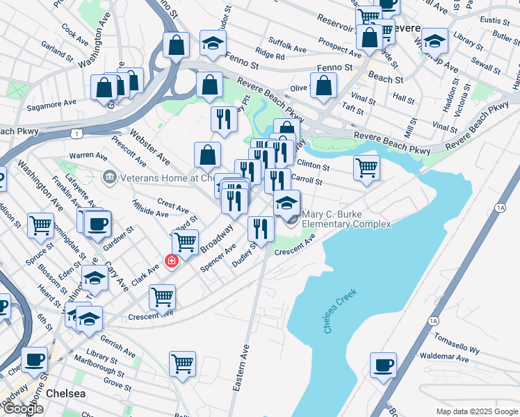map of restaurants, bars, coffee shops, grocery stores, and more near 2 Stockton Street in Chelsea