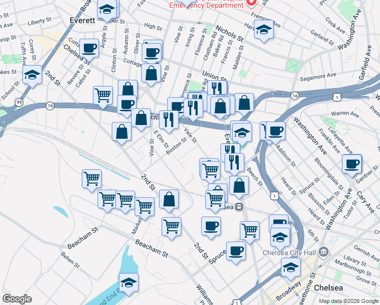 map of restaurants, bars, coffee shops, grocery stores, and more near 107 Boston Street in Everett