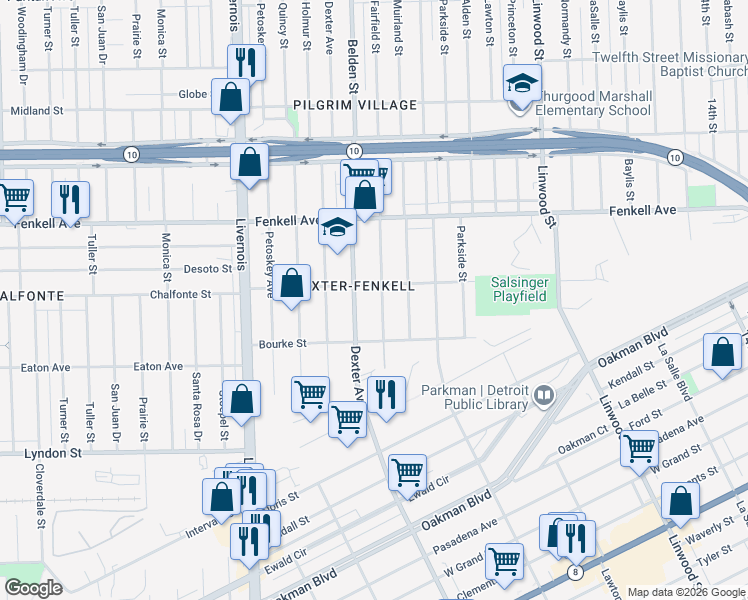 map of restaurants, bars, coffee shops, grocery stores, and more near 14913 Fairfield Street in Detroit
