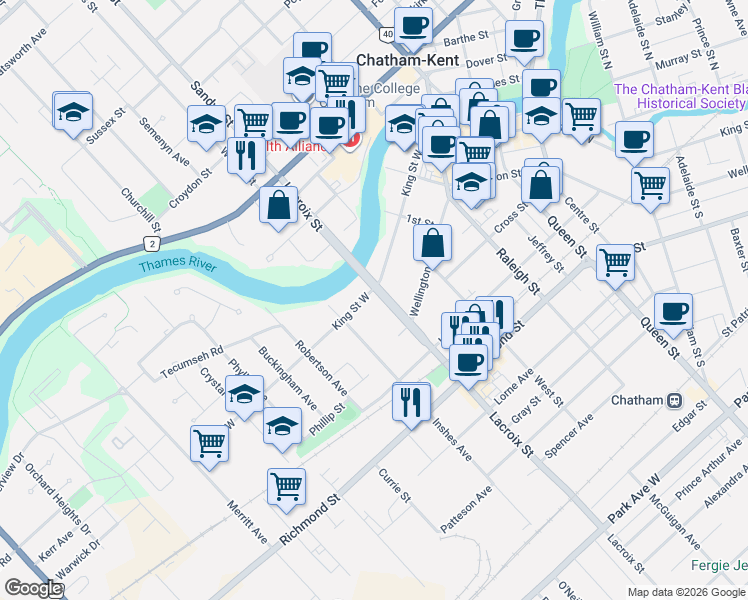 map of restaurants, bars, coffee shops, grocery stores, and more near 448 King Street West in Chatham