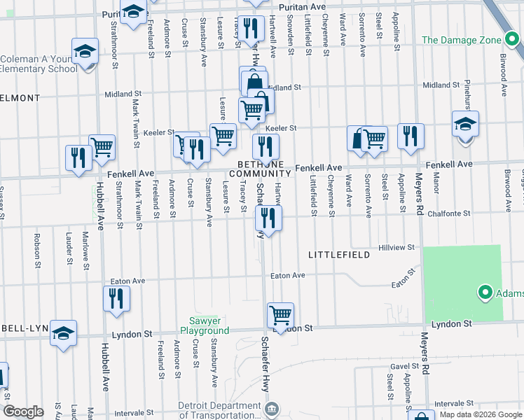 map of restaurants, bars, coffee shops, grocery stores, and more near 15035 Schaefer Highway in Detroit