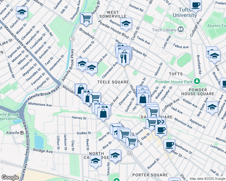 map of restaurants, bars, coffee shops, grocery stores, and more near 26 Mead Street in Somerville