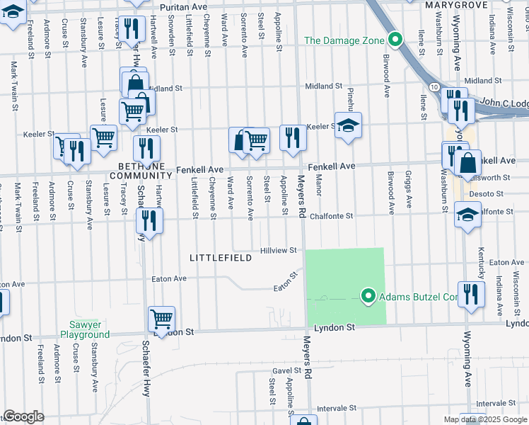 map of restaurants, bars, coffee shops, grocery stores, and more near 15011 Steel Avenue in Detroit