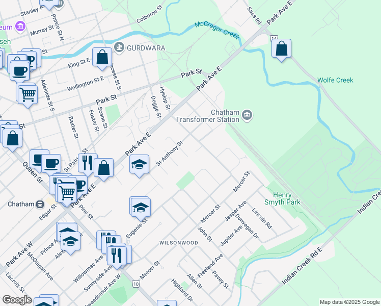 map of restaurants, bars, coffee shops, grocery stores, and more near 87 Chestnut Drive in Chatham-Kent
