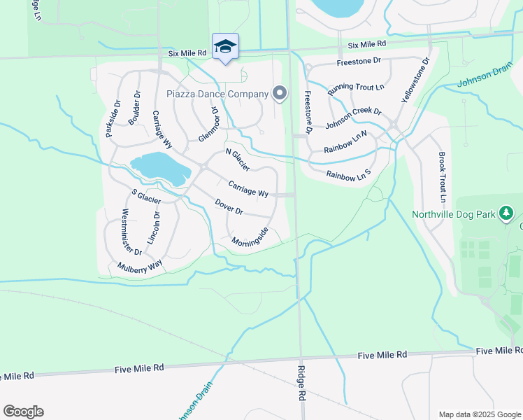 map of restaurants, bars, coffee shops, grocery stores, and more near 16033 Morningside in Northville