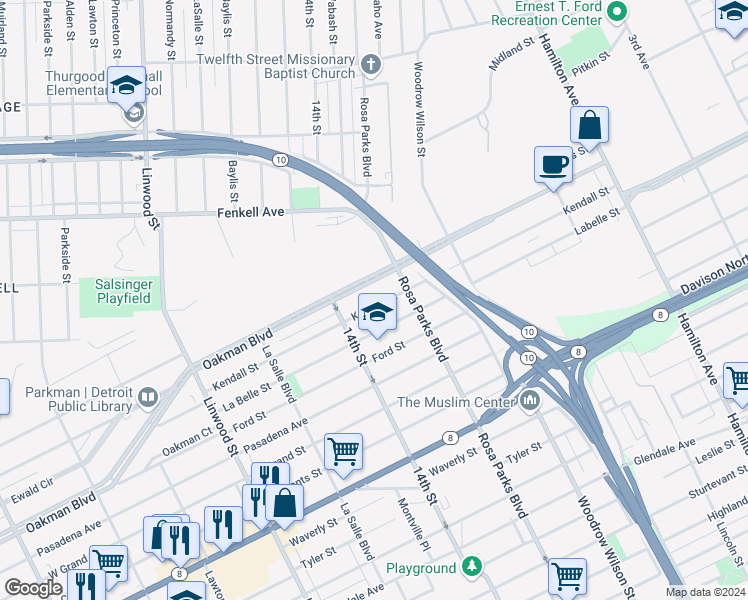 map of restaurants, bars, coffee shops, grocery stores, and more near 1982 Kendall Street in Detroit