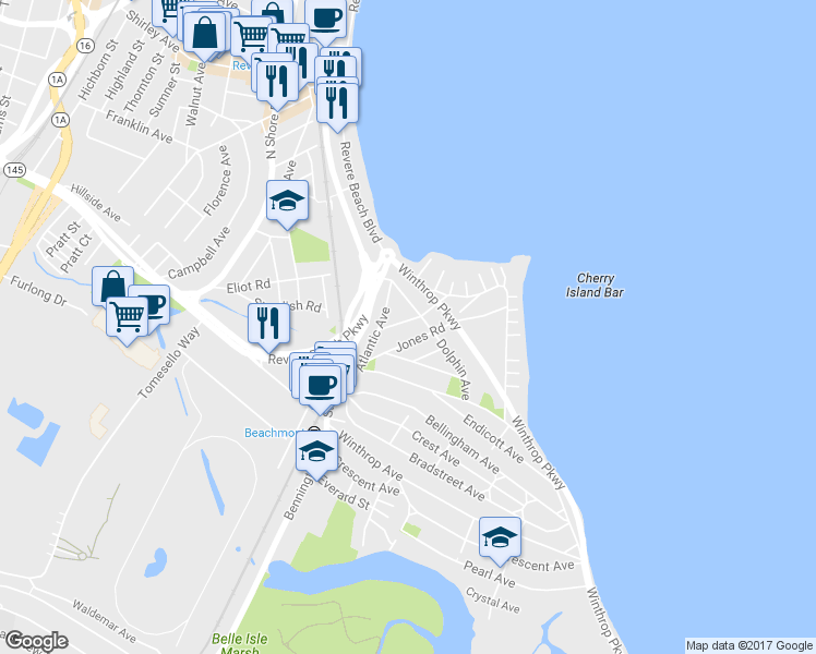 map of restaurants, bars, coffee shops, grocery stores, and more near 27 Wave Avenue in Revere