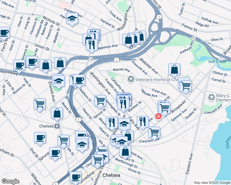 map of restaurants, bars, coffee shops, grocery stores, and more near 56 Franklin Avenue in Chelsea
