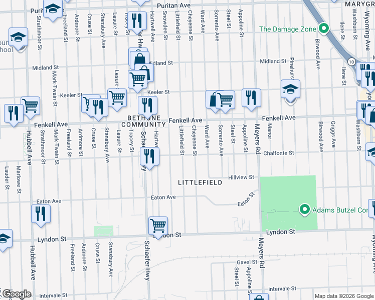 map of restaurants, bars, coffee shops, grocery stores, and more near 15033 Cheyenne Street in Detroit