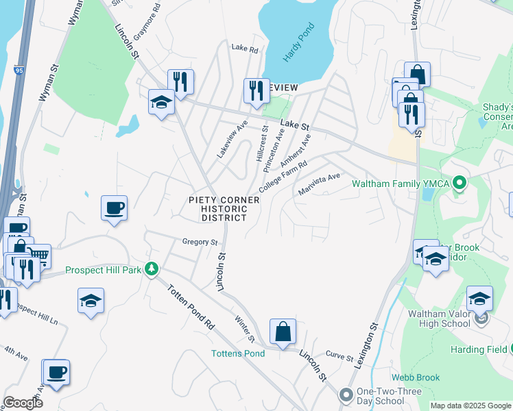 map of restaurants, bars, coffee shops, grocery stores, and more near 153 Princeton Avenue in Waltham