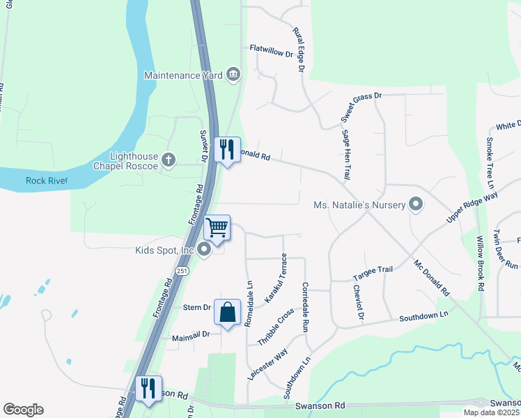 map of restaurants, bars, coffee shops, grocery stores, and more near 5611 Country Court in Roscoe