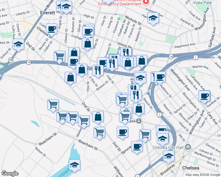 map of restaurants, bars, coffee shops, grocery stores, and more near 107 Boston Street in Everett