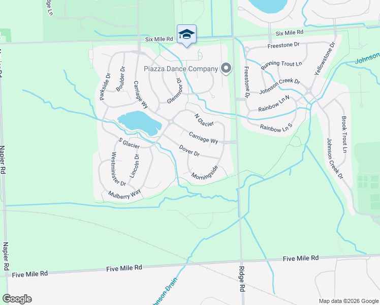 map of restaurants, bars, coffee shops, grocery stores, and more near 16694 Dover Drive in Northville