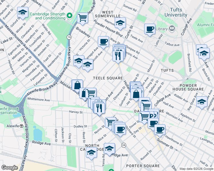 map of restaurants, bars, coffee shops, grocery stores, and more near in Somerville