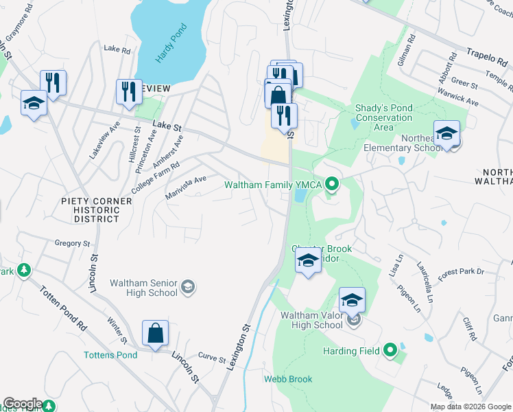 map of restaurants, bars, coffee shops, grocery stores, and more near 28 Montview Avenue in Waltham
