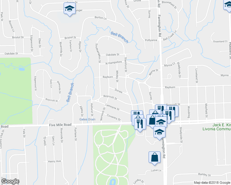 map of restaurants, bars, coffee shops, grocery stores, and more near 34085 Dorais Street in Livonia