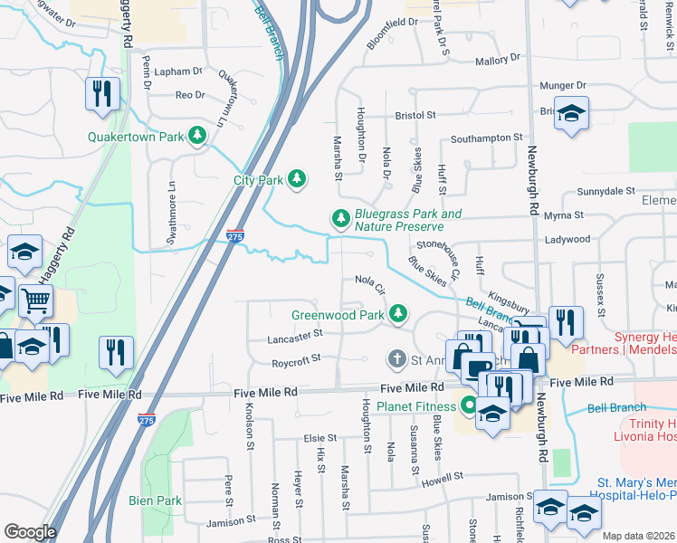 map of restaurants, bars, coffee shops, grocery stores, and more near 15721 Hix Street in Livonia