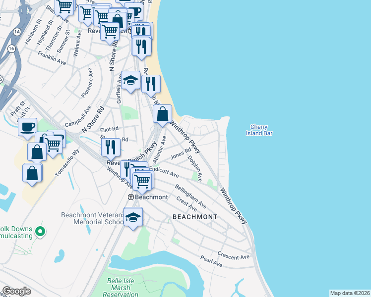 map of restaurants, bars, coffee shops, grocery stores, and more near 90 Jones Road in Revere