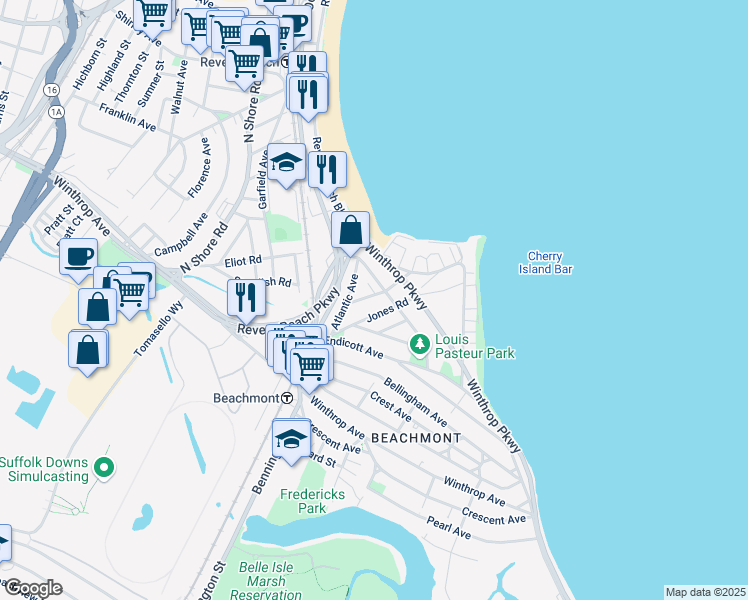 map of restaurants, bars, coffee shops, grocery stores, and more near 26 Wave Avenue in Revere