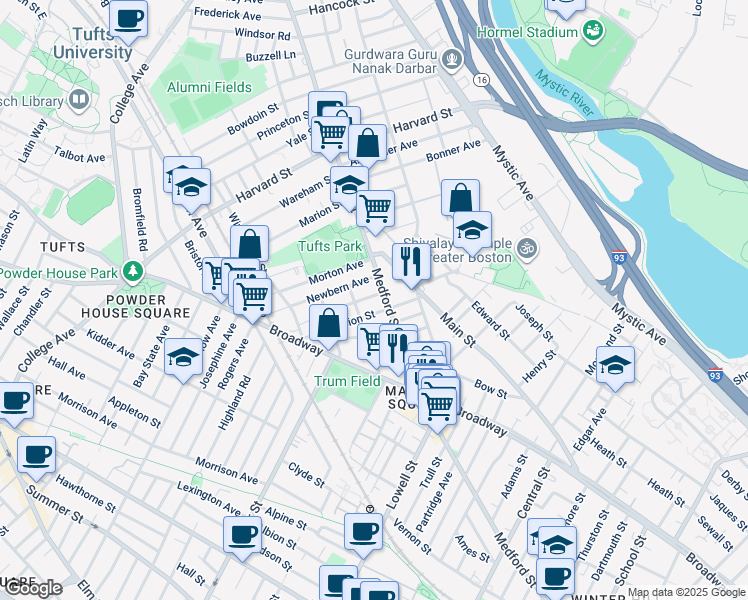 map of restaurants, bars, coffee shops, grocery stores, and more near 1 Clayton Avenue in Medford