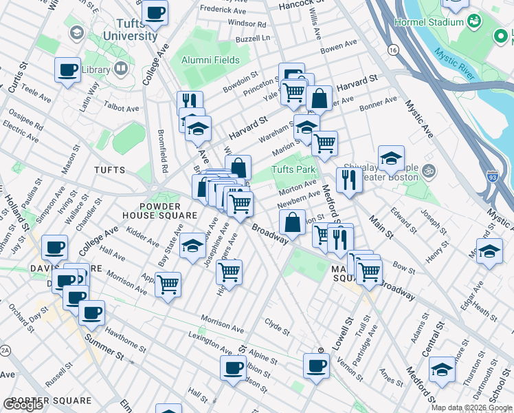 map of restaurants, bars, coffee shops, grocery stores, and more near in Medford
