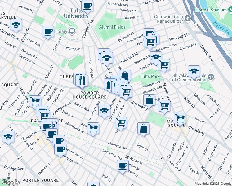 map of restaurants, bars, coffee shops, grocery stores, and more near 739 Broadway in Somerville