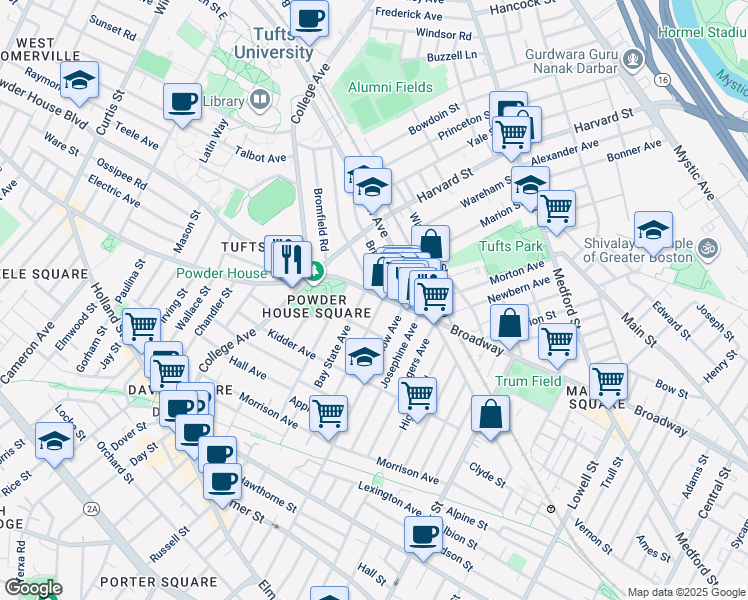 map of restaurants, bars, coffee shops, grocery stores, and more near 739 Broadway in Somerville