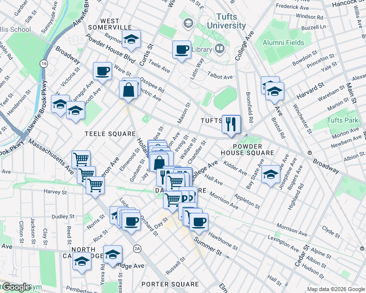 map of restaurants, bars, coffee shops, grocery stores, and more near in Somerville