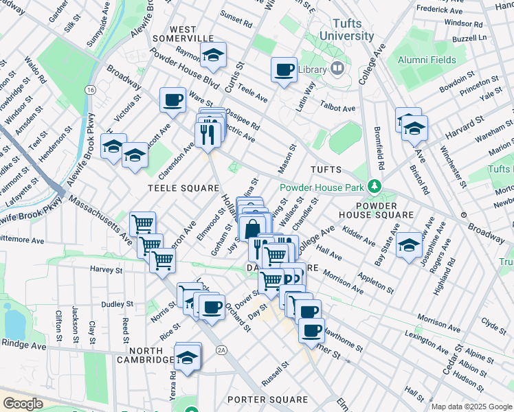 map of restaurants, bars, coffee shops, grocery stores, and more near 41 Corinthian Road in Somerville