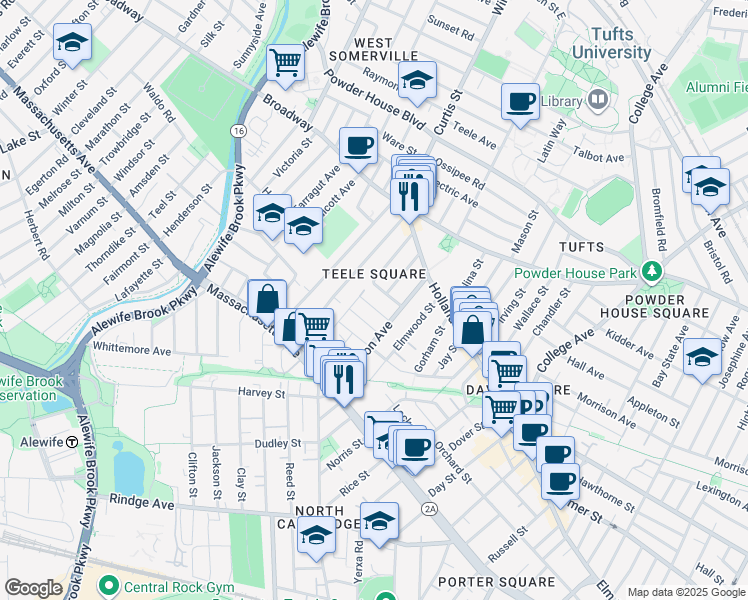 map of restaurants, bars, coffee shops, grocery stores, and more near in Somerville