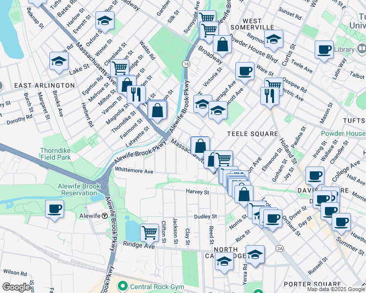 map of restaurants, bars, coffee shops, grocery stores, and more near 2571 Massachusetts Avenue in Cambridge