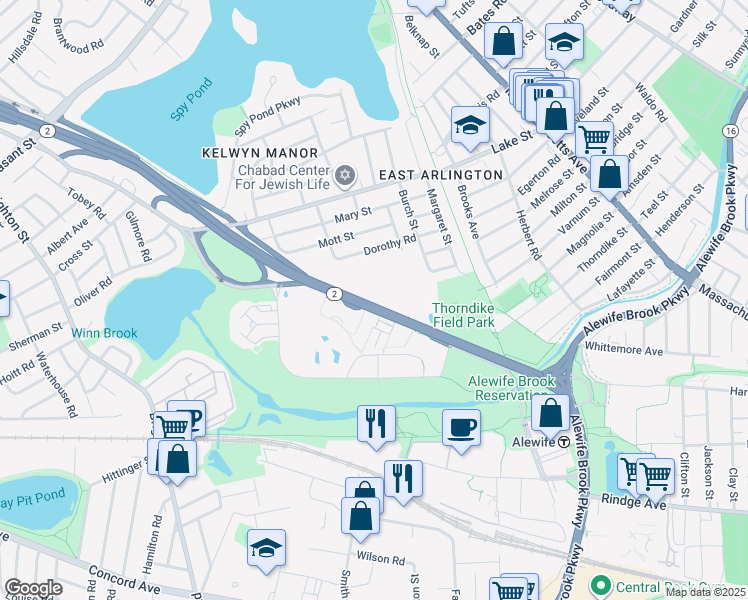 map of restaurants, bars, coffee shops, grocery stores, and more near 211 Concord Turnpike in Cambridge