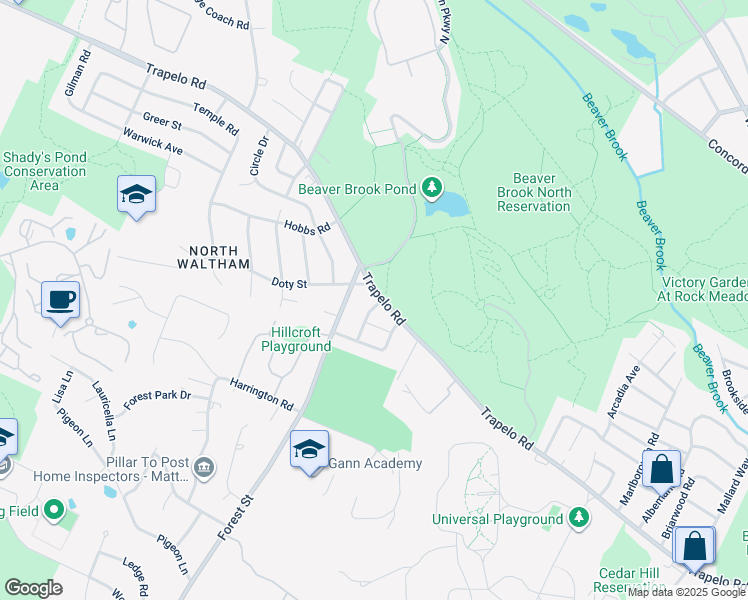 map of restaurants, bars, coffee shops, grocery stores, and more near 482 Trapelo Road in Waltham