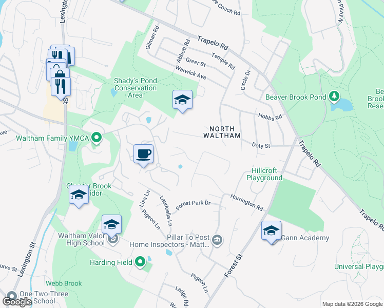 map of restaurants, bars, coffee shops, grocery stores, and more near 36 Raffaele Drive in Waltham