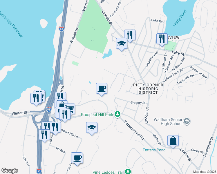 map of restaurants, bars, coffee shops, grocery stores, and more near 104 Dobbins Street in Waltham