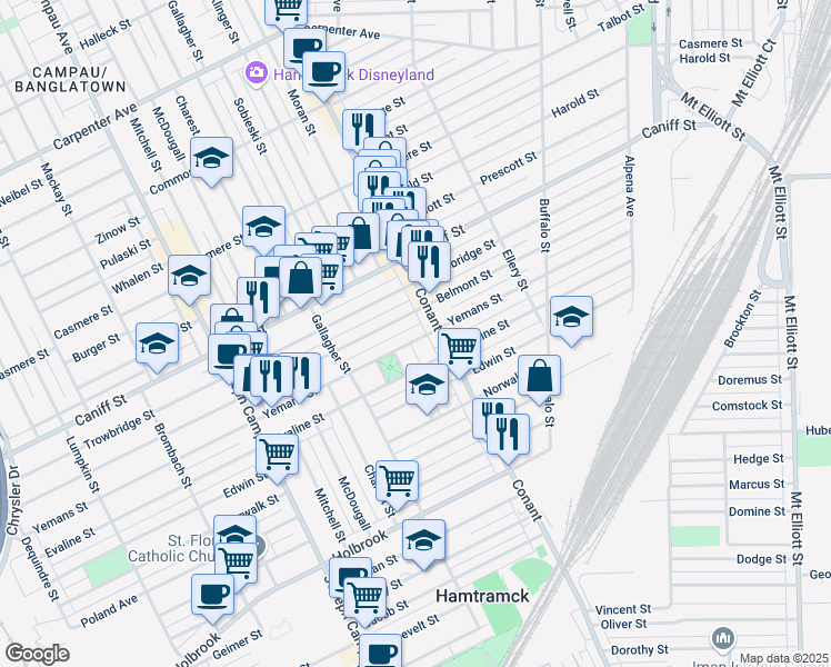 map of restaurants, bars, coffee shops, grocery stores, and more near 3469 Yemans Street in Hamtramck