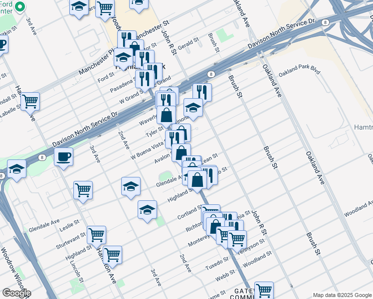map of restaurants, bars, coffee shops, grocery stores, and more near 25 Farrand Park in Highland Park