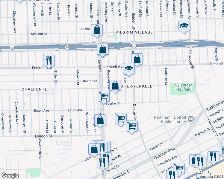 map of restaurants, bars, coffee shops, grocery stores, and more near 14917 Petoskey Avenue in Detroit