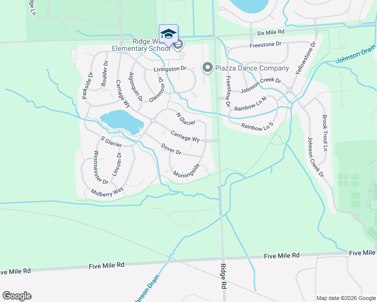 map of restaurants, bars, coffee shops, grocery stores, and more near 16066 Morningside in Northville