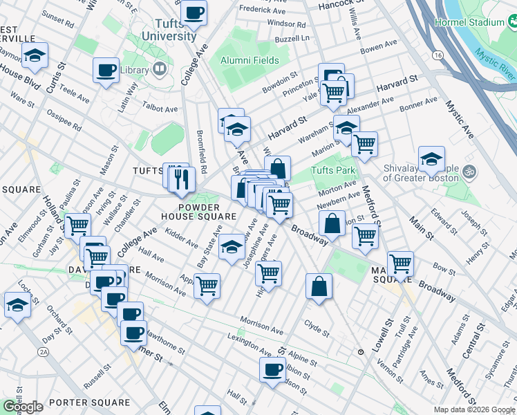 map of restaurants, bars, coffee shops, grocery stores, and more near 739 Broadway in Somerville