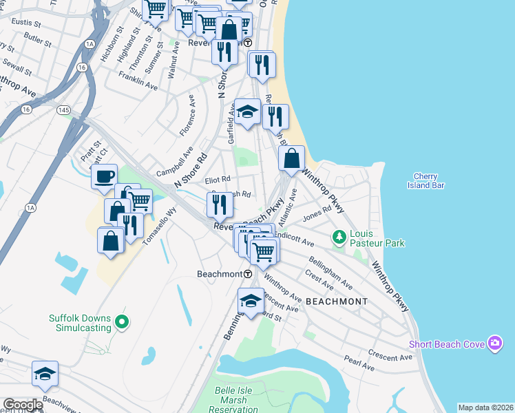 map of restaurants, bars, coffee shops, grocery stores, and more near 50 Porter Avenue in Revere