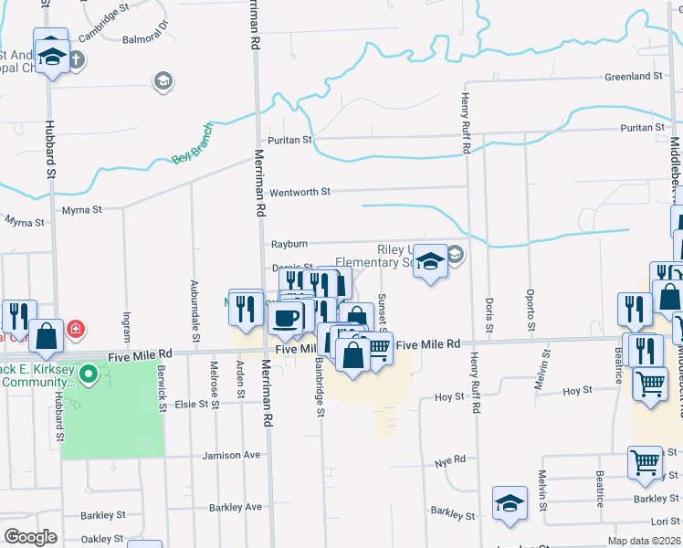 map of restaurants, bars, coffee shops, grocery stores, and more near 30945 Dorais Street in Livonia
